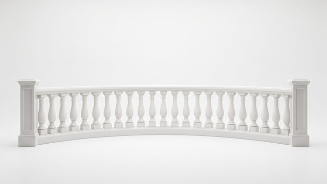 Curved classical stone balustrade architectural railing with elegant ornate pillars isolated on white background