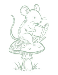Fototapeta premium Cute mouse reading on mushroom. Hand drawn outline illustration. Great vector art.
