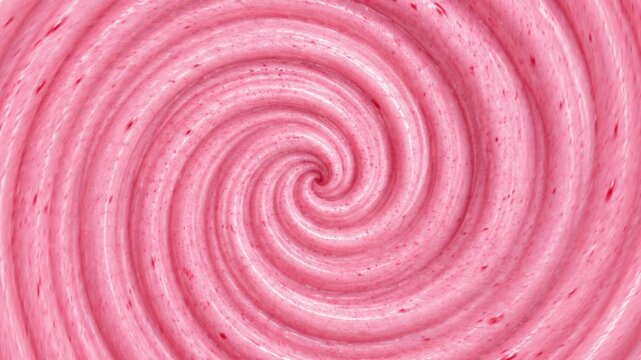 Abstract swirling pattern of soft pink yogurt or ice cream, macro food photography Top view of creamy strawberry swirl texture background with tiny fruit bits portrait background