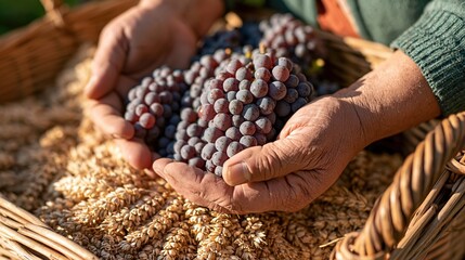 Obraz premium Farmer hands holding grapes and wheat in basket