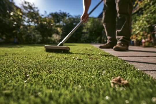 Sunny backyard cleaning: man brushing artificial grass to remove litter in a sunlit garden