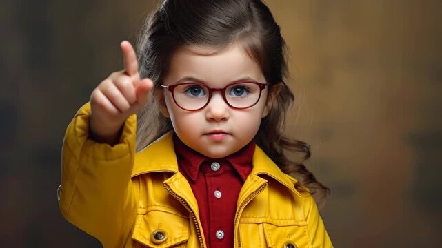 Serious Little Girl in Yellow Jacket and Glasses Pointing Forward