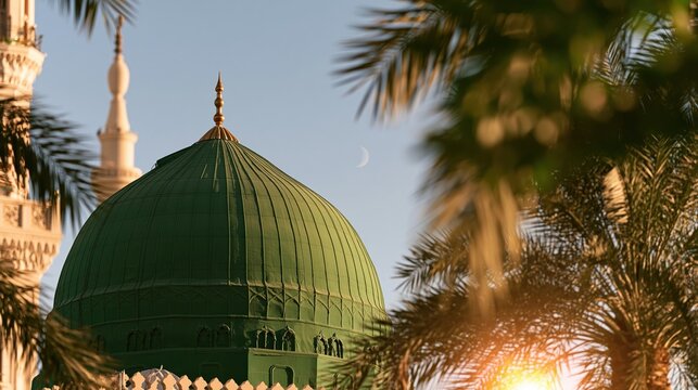 Green mosque dome with crescent moon and palm