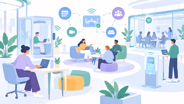Future hybrid smart office design flat vector art