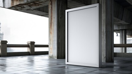 Fototapeta premium blank white poster frame standing on concrete floor