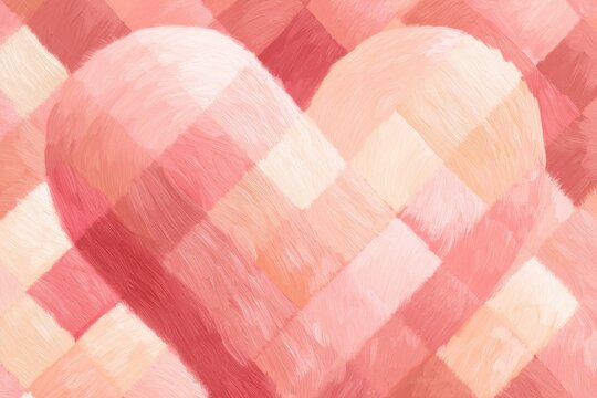 Textile-inspired heart pattern with stitched blocks and pastel gradients
