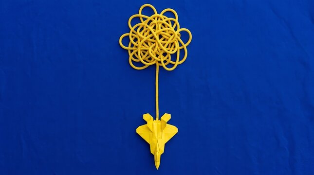 Top down view of a yellow origami fighter jet flying out of a tangled mess of yellow rope on a blue background, representing concepts of strategy, chaos, and military logistics.