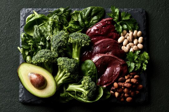 Top view of iron rich foods arranged on a dark slate background
