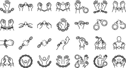 Fototapeta premium Broken Handcuffs Chains Freedom Release and Human Rights Equality Symbol Outline Icons Vector SetBroken Handcuffs Chains Freedom Release and Human Rights Equality Symbol Outline Icons Vector Set