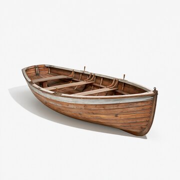 Empty wooden rowboat with oar locks on white