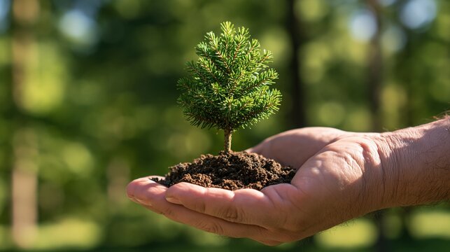 hands holding small pine tree sapling with soil