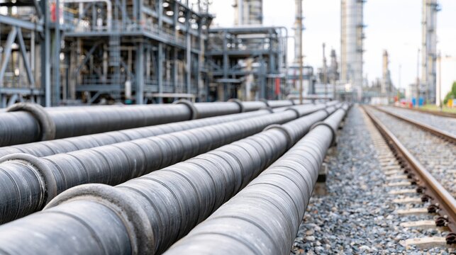 Industrial oil refinery pipes alongside railway tracks