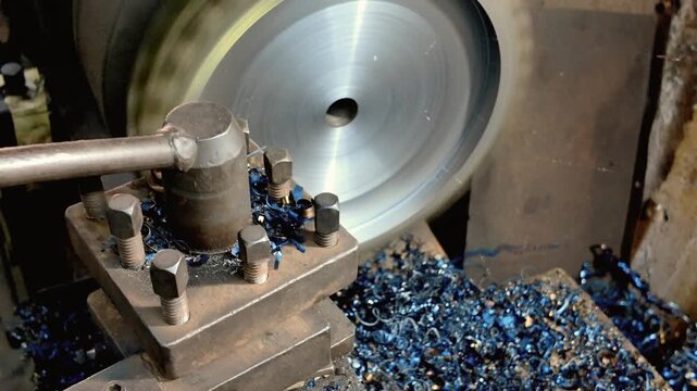 Turning metal in lathe machine