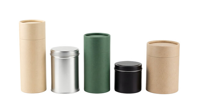 Set of various cylindrical packaging containers made of cardboard and metal isolated on transparent background