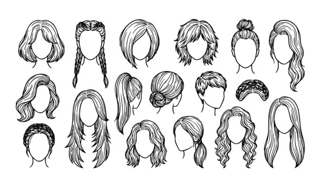Female Hairstyles Outline Vector Set with Different Haircuts and Hair Styles