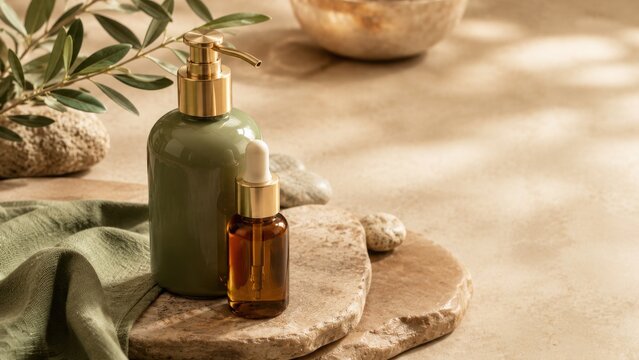 Green cosmetic pump bottle and brown dropper serum on stone slabs with olive branches and soft sunlight on a textured beige background