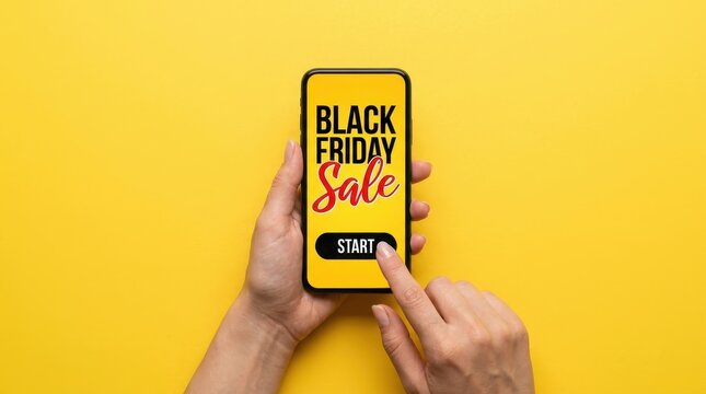 Black Friday Sale Promotion on Smartphone Screen Held by Hands Over Bright Yellow Background for Online Shopping