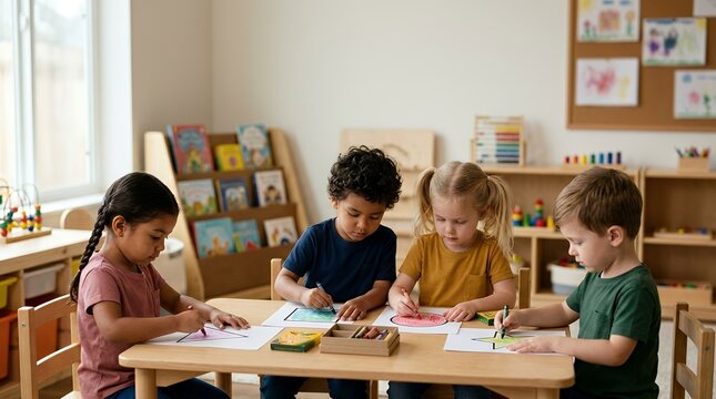 Group of diverse young children drawing with crayons at a wooden table in a preschool classroom.