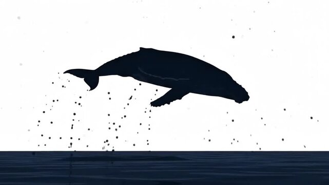 Silhouette of humpback whale breaching out of water with splashes