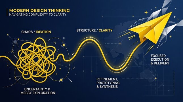 Modern design thinking process diagram showing the journey from uncertainty and chaos to clarity and focused execution featuring a yellow paper plane on a dark blue technological background