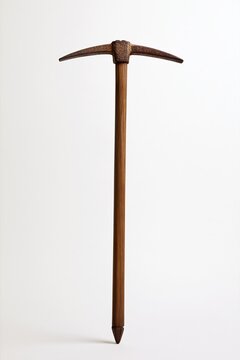 Vintage pickaxe tool with wooden handle on white