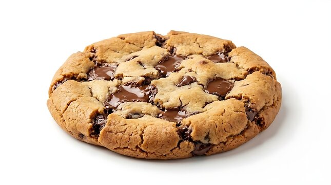 Freshly baked large chocolate chip cookie with melting chocolate chunks on a clean white background