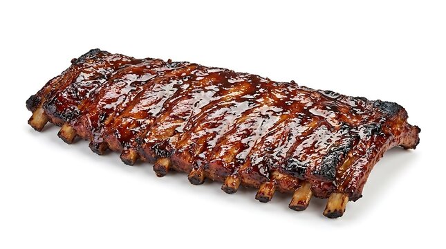 A full rack of grilled pork spare ribs covered in a glossy, sweet barbecue sauce, viewed from an angled perspective against a clean, isolated white background.
