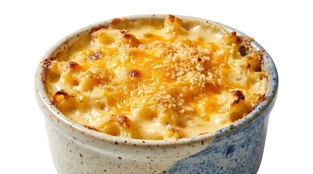 Freshly baked creamy macaroni and cheese in a rustic ceramic bowl with a golden crispy breadcrumb topping, isolated on white background