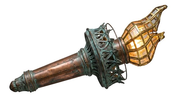 Close-up of the original 1886 copper flame torch from the Statue of Liberty isolated on a white background, showing detailed craftsmanship and weathered patina.