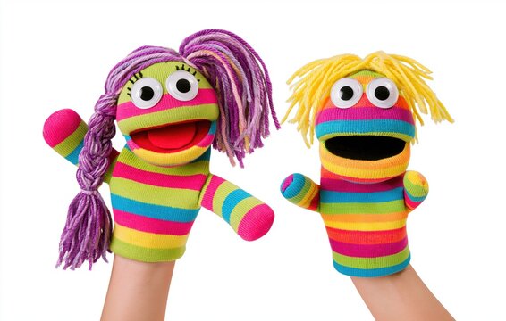 Colorful sock puppets on hands against white background