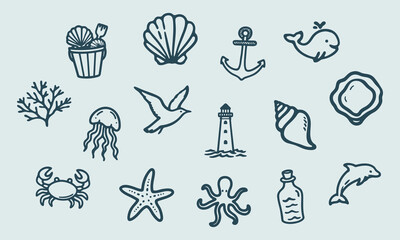 Fototapeta premium Marine Life And Nautical Elements Hand Drawn Doodle Icon Set. Sea Creatures And Ocean Symbols Sketch Symbol Collection. Nautical Design And Coastal Tourism. Isolated Vector Illustration