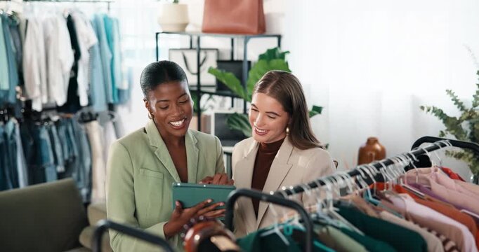 Fashion, team and high five in clothing store with tablet, launch new arrivals and sold out on app. Happy, women and celebration in small business with tech, online sales target and retail success.