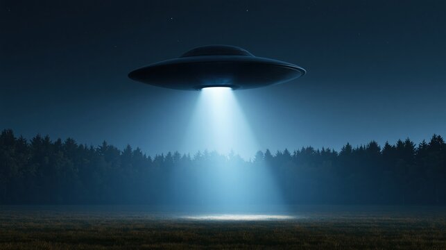 mysterious ufo hovering over dark forest clearing