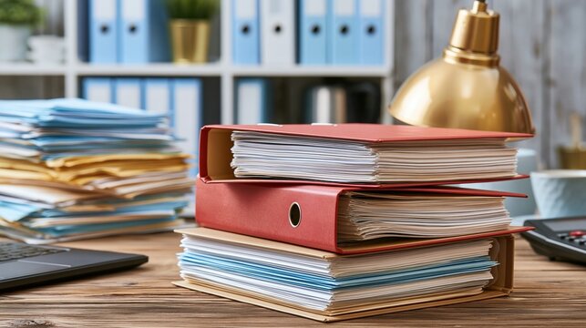 Red binders and paper stacks on wooden office