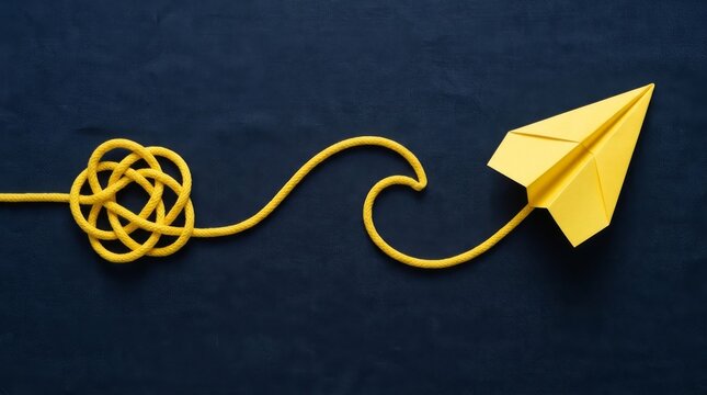 Top down flat lay of a yellow paper plane attached to a tangled rope that untangles into a clear path on a dark blue background, symbolizing problem solving, simplification, and strategic growth.