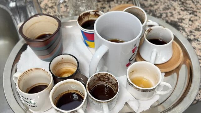 A silver tray filled with many empty and used coffee cups and mugs sits on a kitchen counter next to a sink. The dirty dishes contain leftover dark coffee grounds from a gathering.