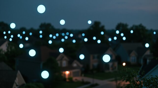 blurry blue lights floating above suburban houses at