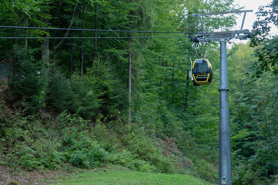 The yellow funicular moves through a forested landscape.