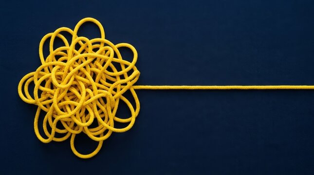 Overhead composition of a tangled yellow rope unraveling into a straight line on dark blue background, symbolizing problem solving, simplification, and effective business strategy solutions.