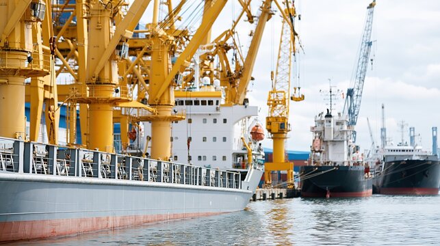 Large cargo ships docked at busy port with