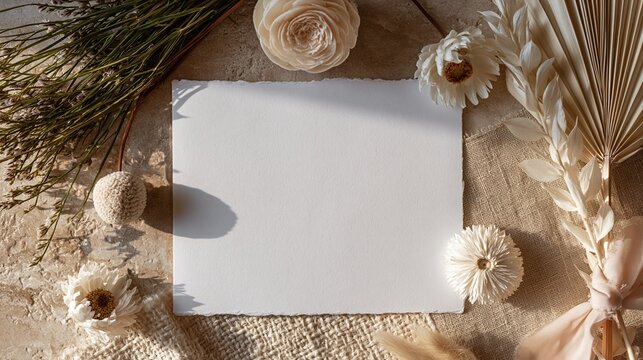 Flat lay composition featuring blank paper card with