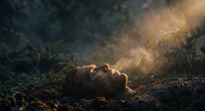 God Forming Adam From the Dust of the Ground, First Human Created in the Garden of Eden, Genesis 2 Biblical Story
