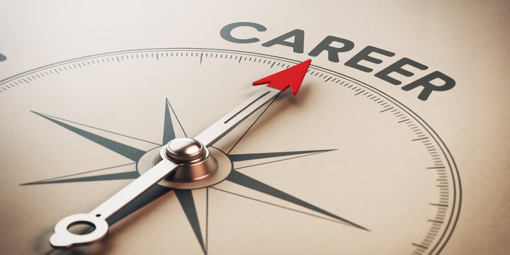 A compass with a red needle pointing to the word career on a map