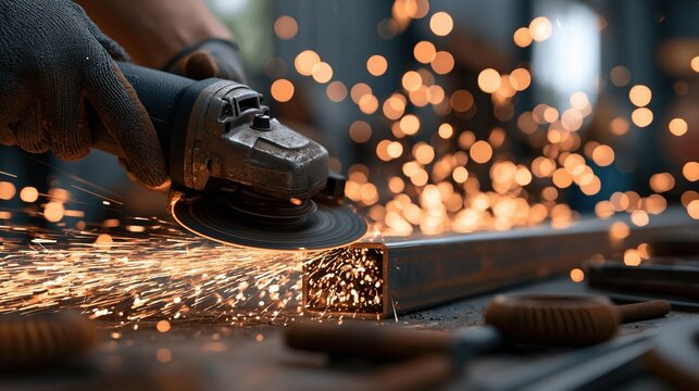Worker using angle grinder cutting metal sparks flying