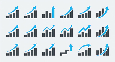 Obraz premium Collection of vector bar graphs with upward trending arrows illustrates financial growth and market analysis statistics progress charts indicators business