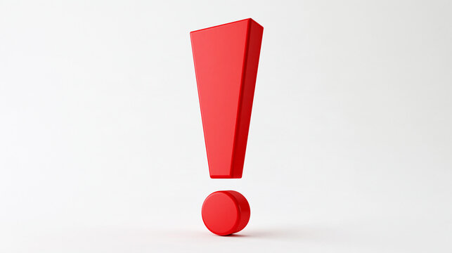 A shiny red exclamation mark stands isolated on white background. Perfect concept for warning signs and safety alerts.