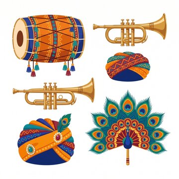 Traditional indian folk music instrument set with dhol drum brass trumpet and turban safa for republic day parade design kit