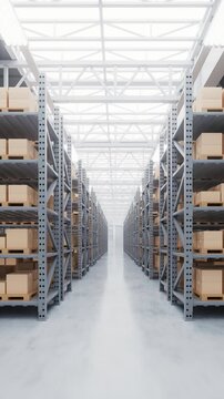 Store shelves with boxes goods in the warehouse, 3d rendering.