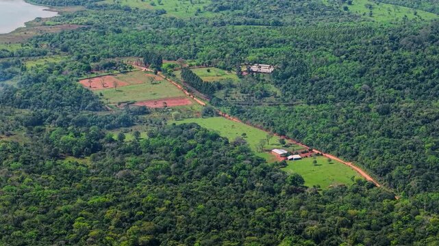 Aerial view of rural farmland and forest in Nueva Alborada, Paraguay.