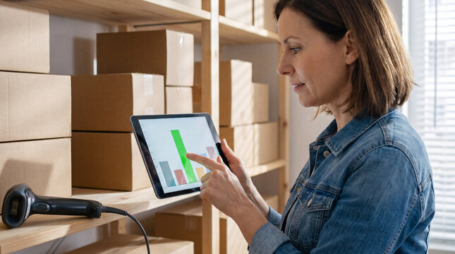 Shop owner points at a digital tablet restock forecast chart beside a shelf with a stock gap